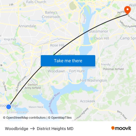 Woodbridge to District Heights MD map