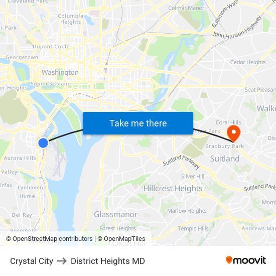 Crystal City to District Heights MD map