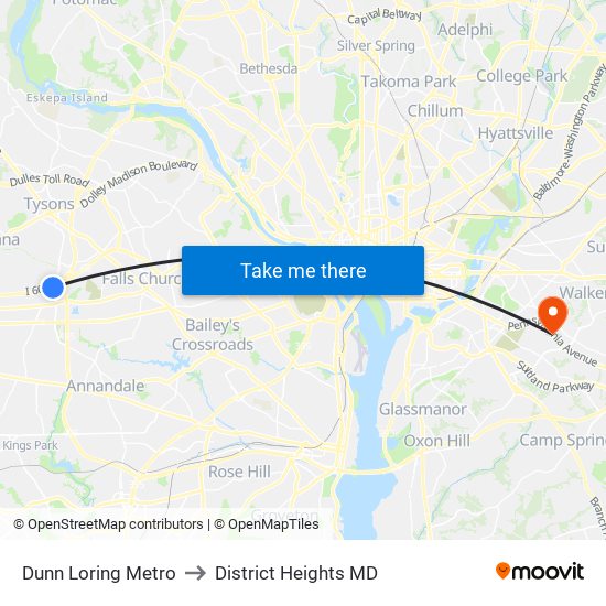 Dunn Loring Metro to District Heights MD map