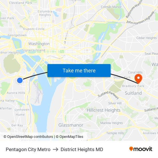 Pentagon City Metro to District Heights MD map