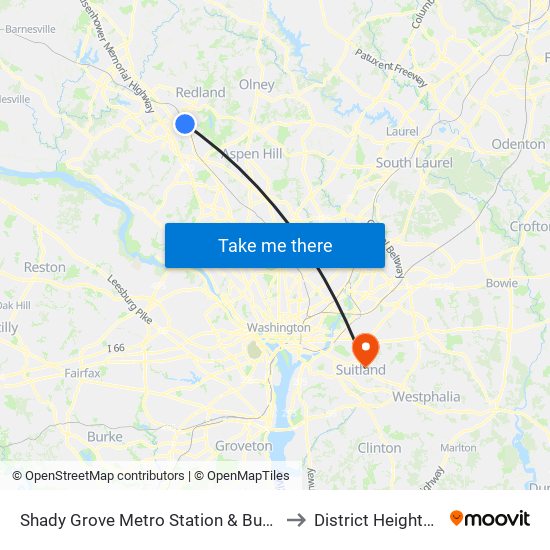 Shady Grove Metro Station & Bus Bay C to District Heights MD map