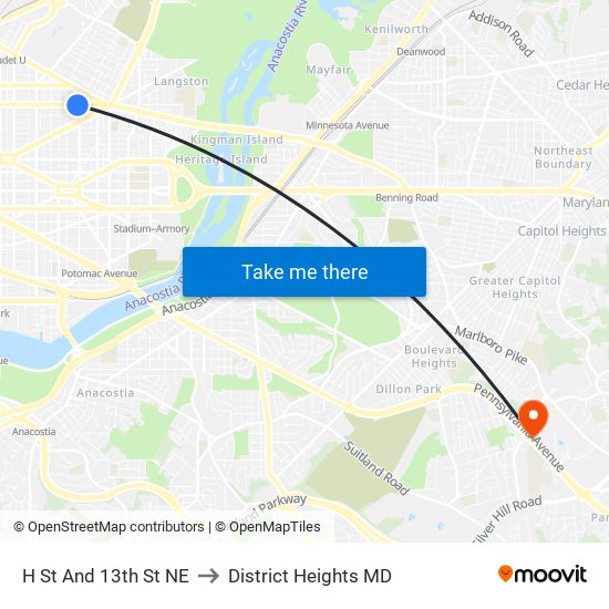 H St And 13th St NE to District Heights MD map