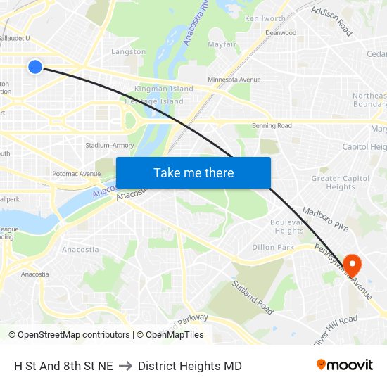 H St And 8th St NE to District Heights MD map