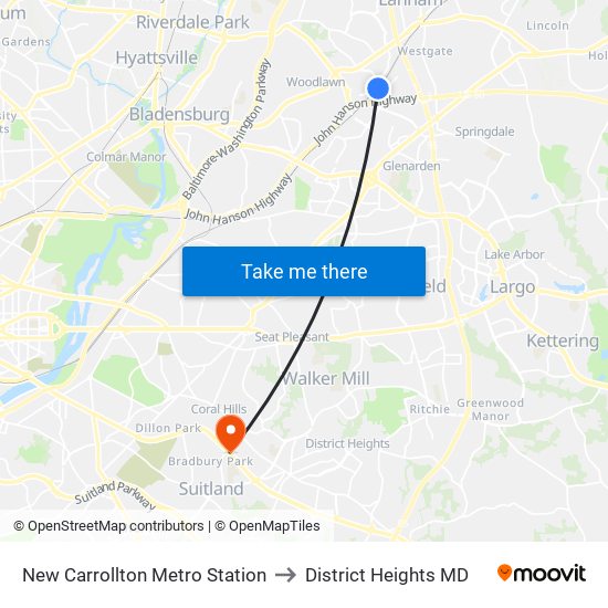 New Carrollton Metro Station to District Heights MD map