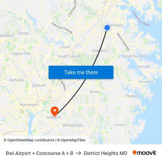 Bwi Airport + Concourse A + B to District Heights MD map