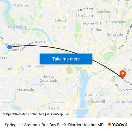 Spring Hill Station + Bus Bay B to District Heights MD map