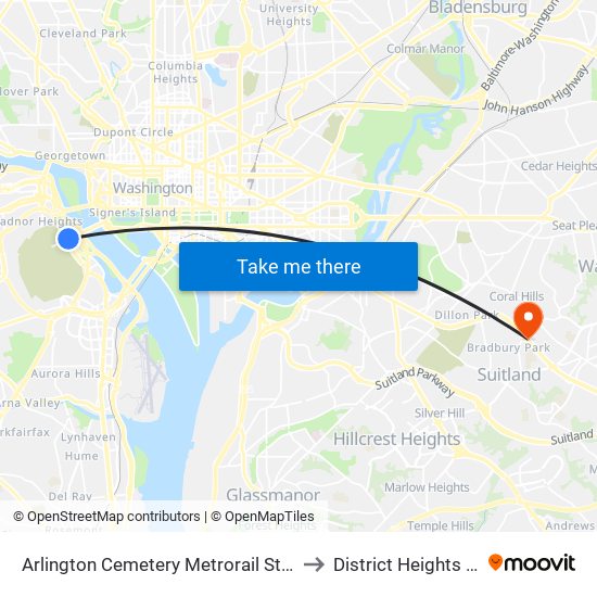 Arlington Cemetery  Metrorail Station to District Heights MD map