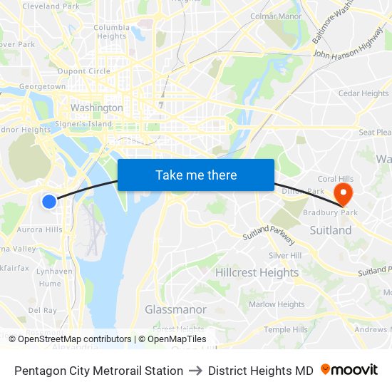 Pentagon City Metrorail Station to District Heights MD map