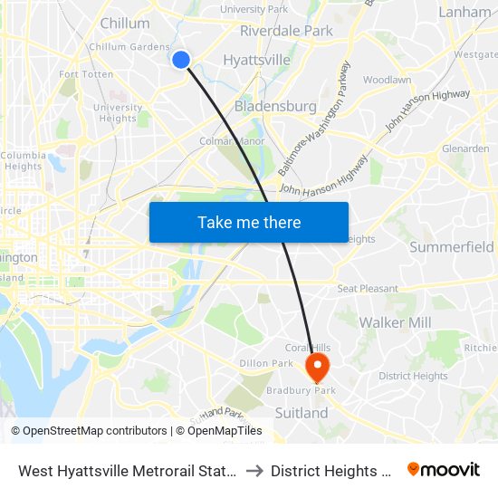West Hyattsville Metrorail Station to District Heights MD map