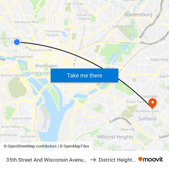 35th Street And Wisconsin Avenue NW (Sb) to District Heights MD map