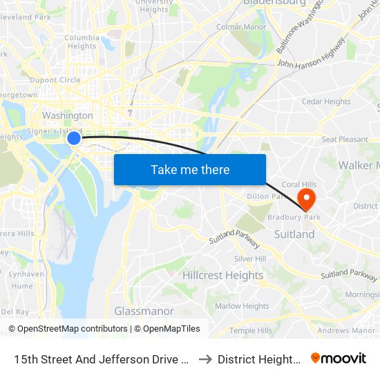 15th Street And Jefferson Drive SW (Sb) to District Heights MD map