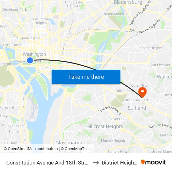 Constitution Avenue And 18th Street NW (Eb) to District Heights MD map