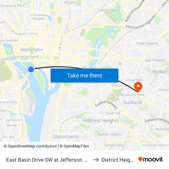 East Basin Drive SW at Jefferson Memorial (Wb) to District Heights MD map