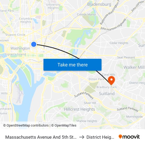 Massachusetts Avenue And 5th Street NW (Eb) to District Heights MD map