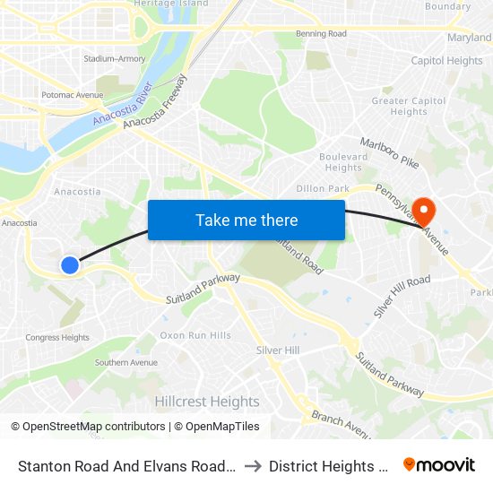 Stanton Road And Elvans Road SE to District Heights MD map