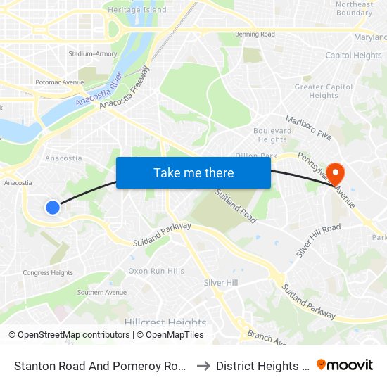 Stanton Road And Pomeroy Road SE to District Heights MD map