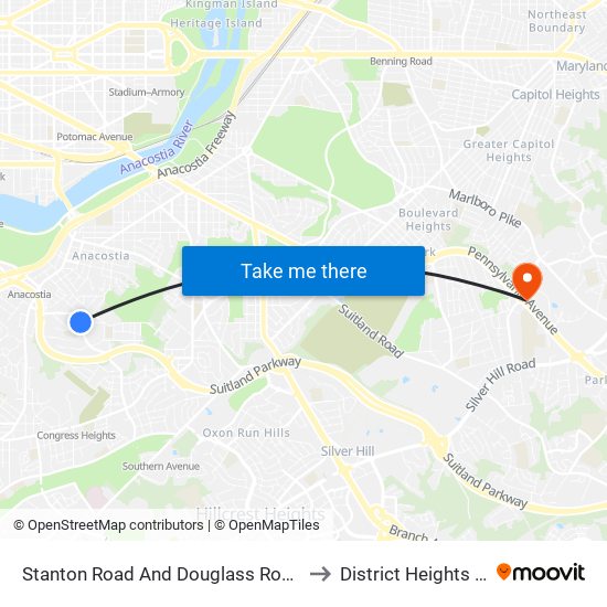 Stanton Road And Douglass Road SE to District Heights MD map