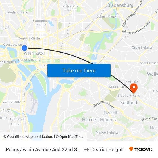 Pennsylvania Avenue And 22nd Street NW to District Heights MD map