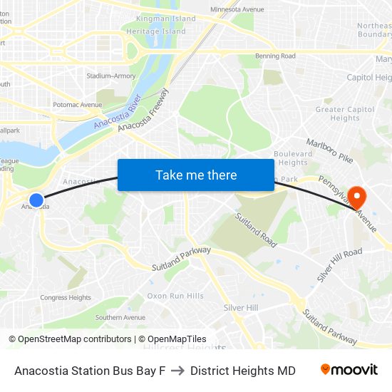 Anacostia Station Bus Bay F to District Heights MD map