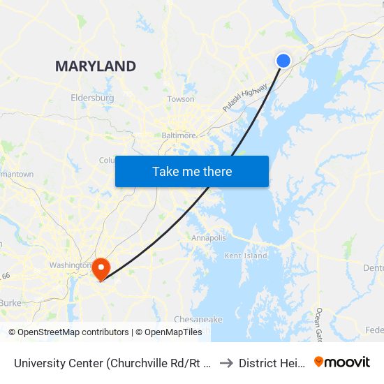 University Center (Churchville Rd/Rt 22 & Technology Dr) to District Heights MD map