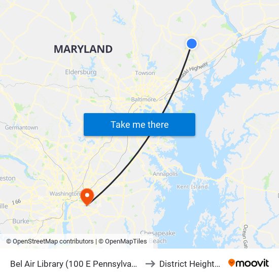 Bel Air Library (100 E Pennsylvania Ave) to District Heights MD map