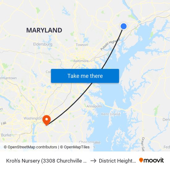 Kroh's Nursery  (3308 Churchville Rd/Rt 22) to District Heights MD map