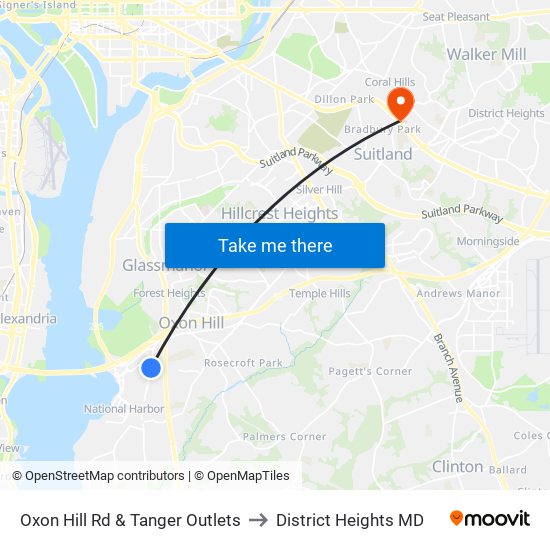 Oxon Hill Rd & Tanger Outlets to District Heights MD map