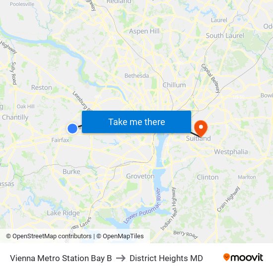 Vienna Metro Station Bay B to District Heights MD map