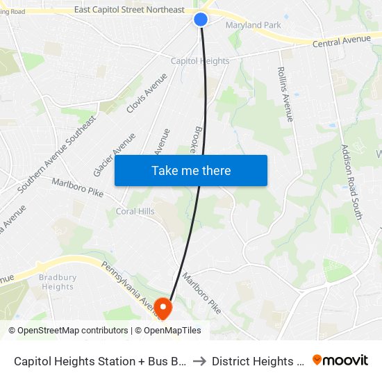 Capitol Heights Station + Bus Bay B to District Heights MD map