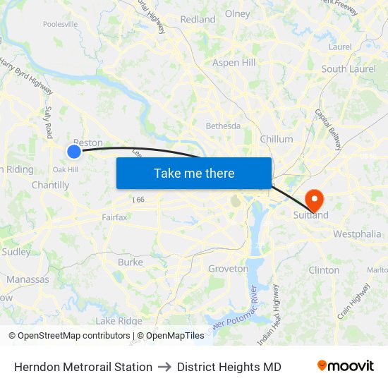 Herndon Metrorail Station to District Heights MD map