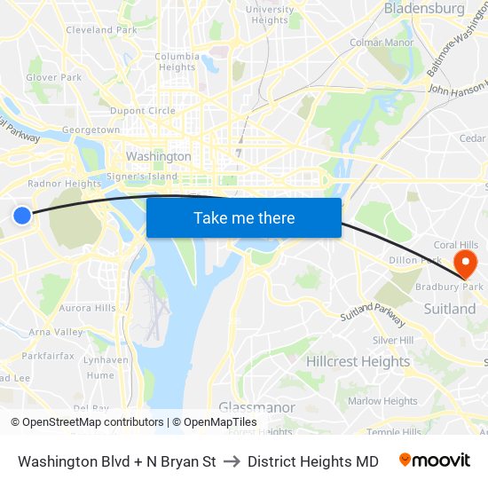 Washington Blvd + N Bryan St to District Heights MD map