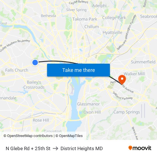 N Glebe Rd + 25th St to District Heights MD map
