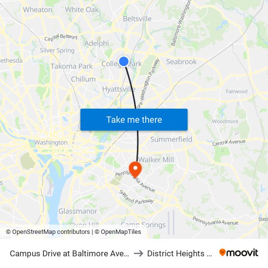 Campus Drive at Baltimore Avenue to District Heights MD map