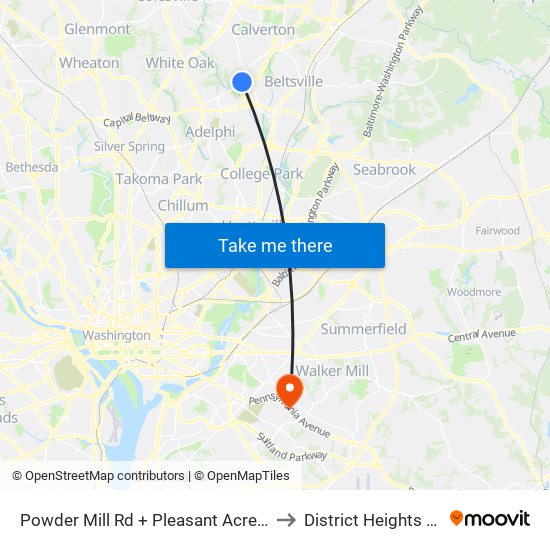 Powder Mill Rd + Pleasant Acres Dr to District Heights MD map