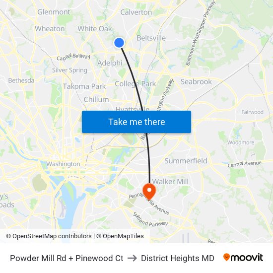 Powder Mill Rd + Pinewood Ct to District Heights MD map