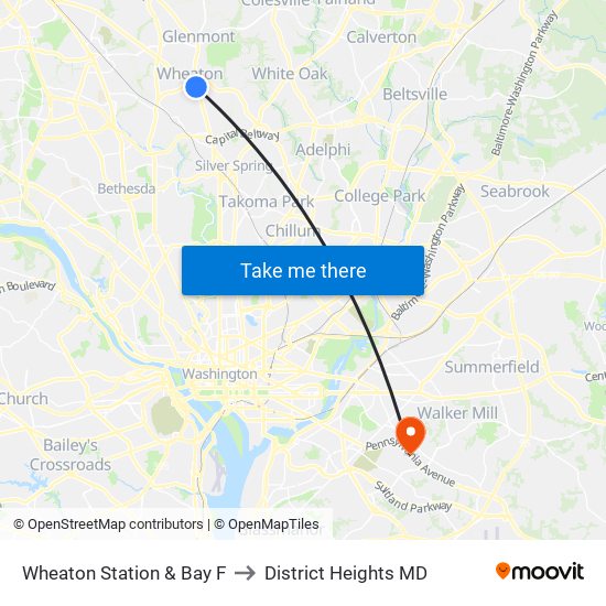 Wheaton Station & Bay F to District Heights MD map