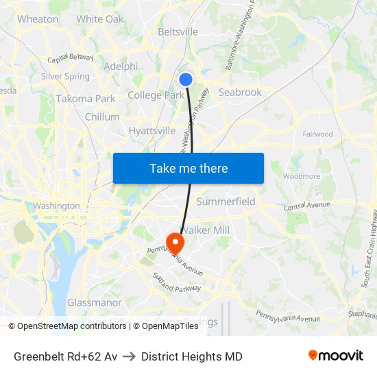 Greenbelt Rd+62 Av to District Heights MD map