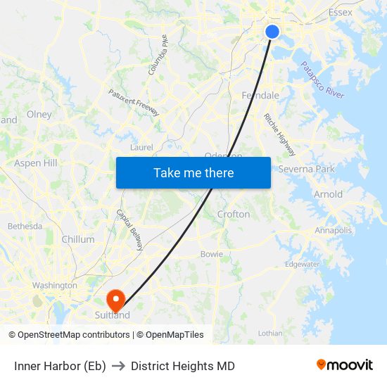 Inner Harbor (Eb) to District Heights MD map