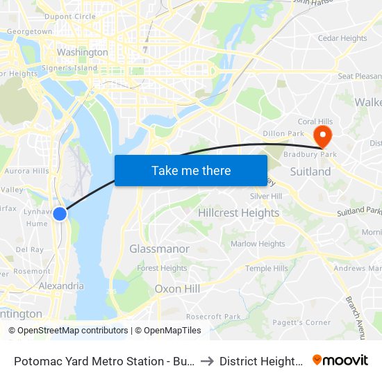 Potomac Yard Metro Station - Bus Bay B to District Heights MD map