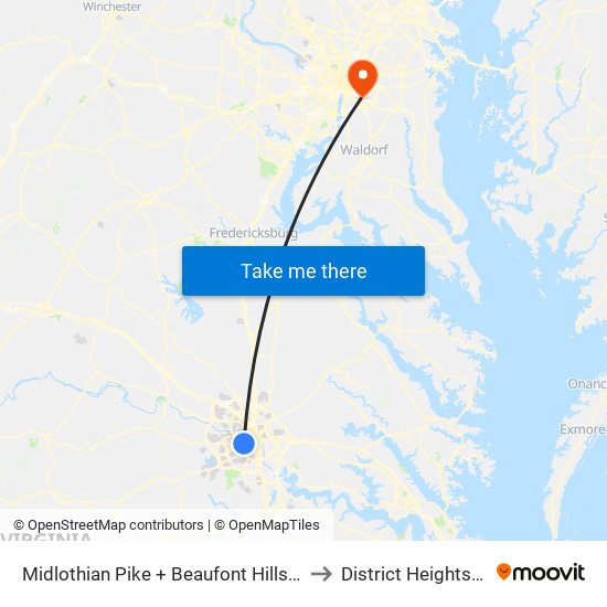 Midlothian Pike + Beaufont Hills Drive to District Heights MD map