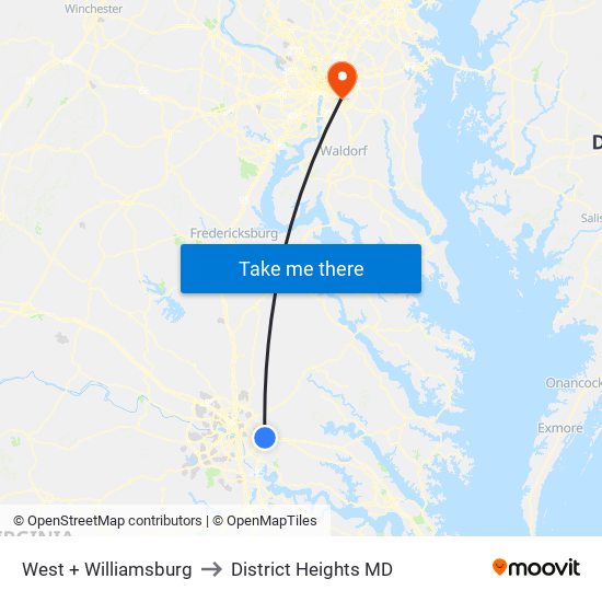 West + Williamsburg to District Heights MD map