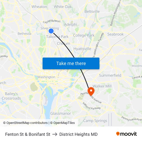 Fenton St & Bonifant St to District Heights MD map