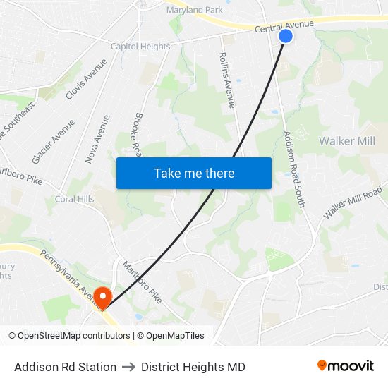 Addison Rd Station to District Heights MD map