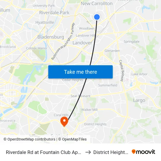 Riverdale Rd at Fountain Club Apartments to District Heights MD map