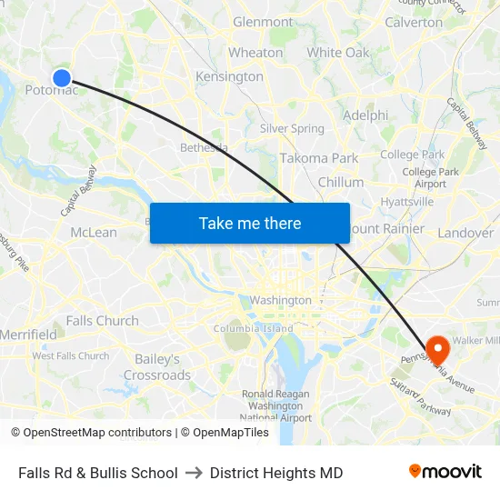 Falls Rd & Bullis School to District Heights MD map