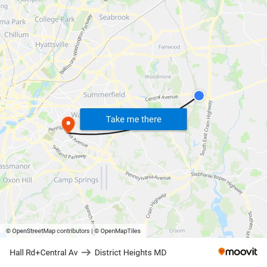 Hall Rd+Central Av to District Heights MD map
