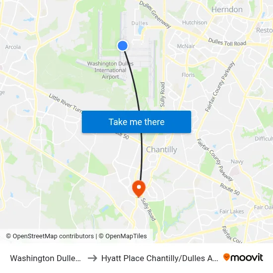Washington Dulles Airport to Hyatt Place Chantilly / Dulles Airport-South map