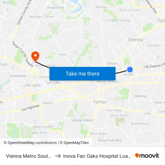 Vienna Metro South Bay P to Inova Fair Oaks Hospital Loading Dock map