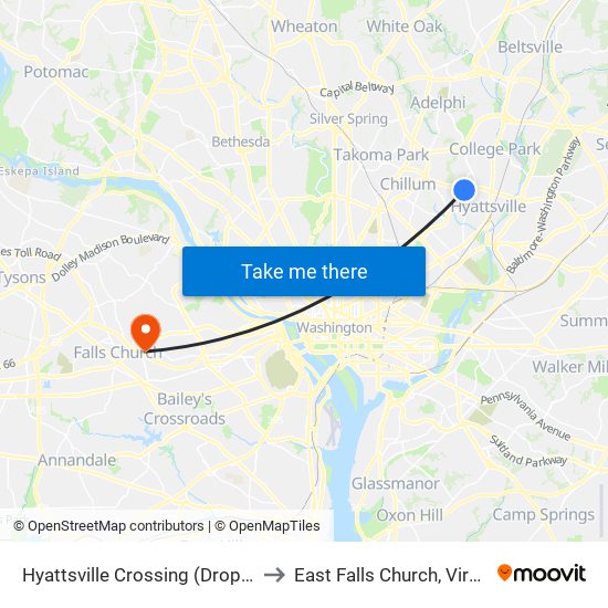 Hyattsville Crossing (Drop-Off) to East Falls Church, Virginia map