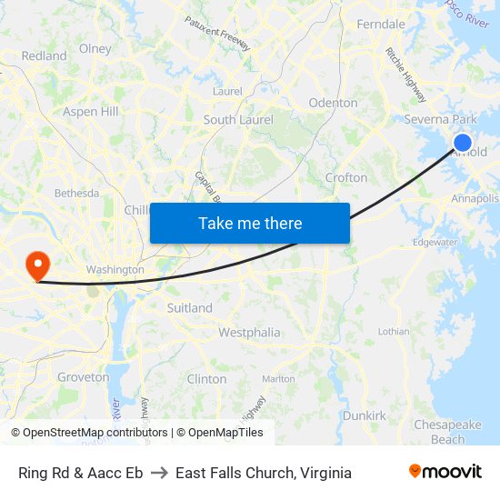 Ring Rd & Aacc Eb to East Falls Church, Virginia map